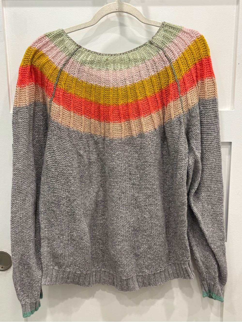 Anthropologie Colleen Sweater Gray Scoop-Neck Sweater with Pastel Rainbow Yoke - Picture 9 of 9
